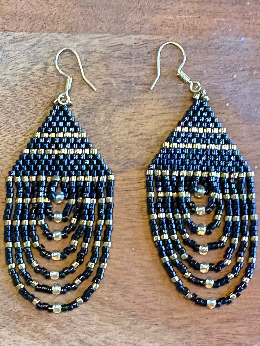 Black and Gold Beaded Teardrop Earrings by